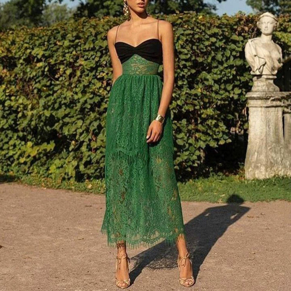 ZARA Sexy Designer Solid Color Embossed Lace Spaghetti Strap Maxi Dress